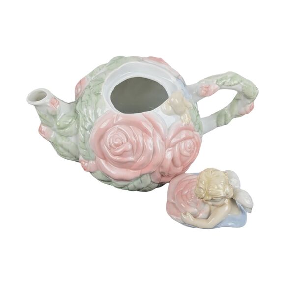 Vintage Avon Cherub Teapot: Porcelain Rose Angel Teapot - Picture 4 of 7
